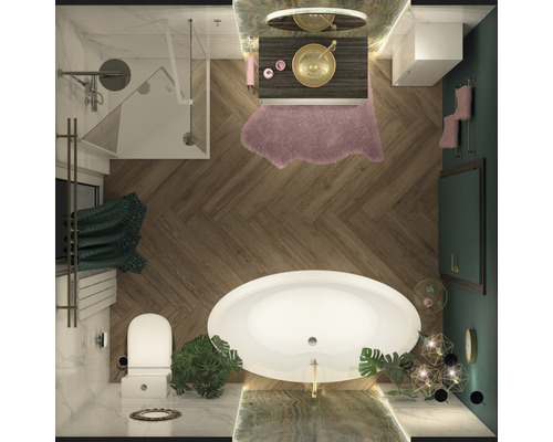 Pohľad zhora na kúpeľňu s vaňou, sprchou, umývadlom a toaletou