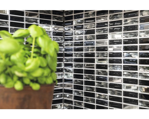 Obklad s mozaikovým vzorom a rastlina v kvetináči