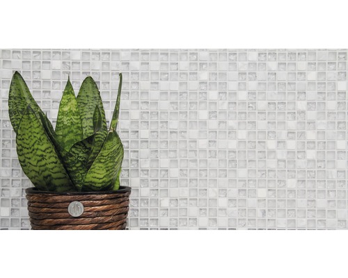 Izbová rastlina v prútenom kvetináči pred mozaikovým pozadím