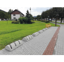 Vonkajšia fotografia s betónovým stojanom na bicykle na dláždenej ceste v parku.