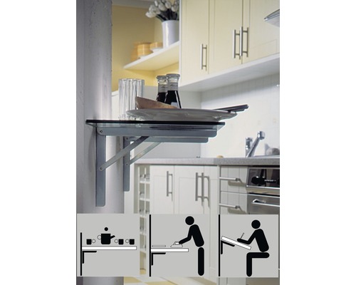 Sklopný nástenný stolík v kuchynskom prostredí s príkladmi použitia ako ikony