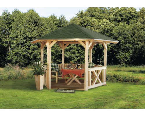 Záhradný altánok SKAN HOLZ Colmar Veľkosť 1, o 360 cm, douglaska, neošetrený Drevený altánok so stolom a stoličkami v záhrade