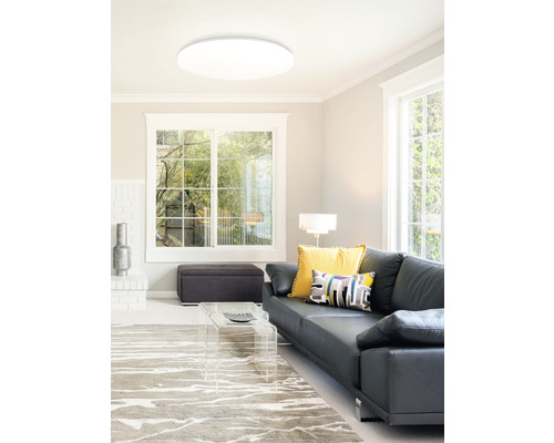 Obývacia izba so stropným svietidlom, pohovkou a kobercom