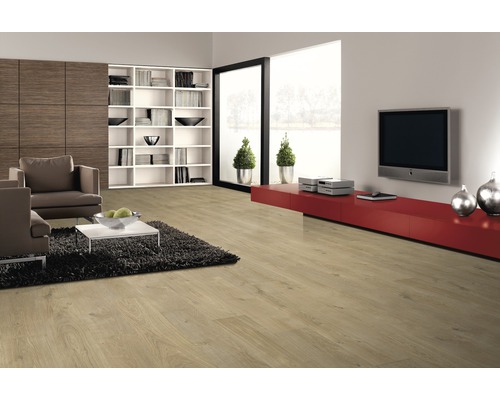 Obývacia izba so svetlou drevenou podlahou, sedením a knižnicou