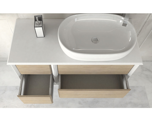 Skrinka pod umývadlo s umývadlom na dosku a otvorenými zásuvkami