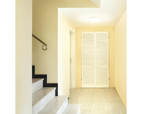 Svetlá chodba so schodiskom, šatníkovou skriňou a stropným svietidlom