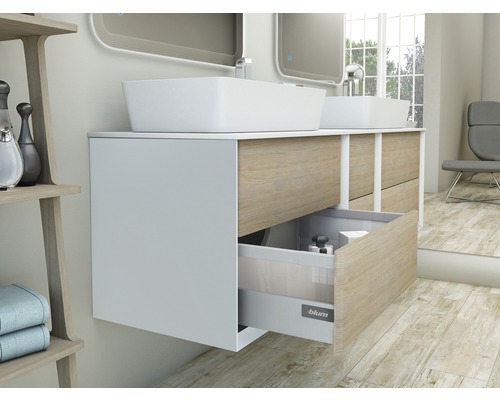 Kúpeľňa s umývadlovou skrinkou, umývadlami na dosku a otvoreným zásuvkovým systémom.