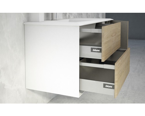 Skrinka pod umývadlo s dvoma otvorenými zásuvkami s drevenou prednou stranou