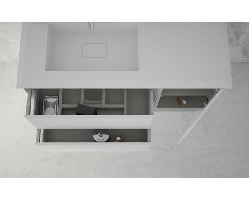 Skrinka pod umývadlo s otvorenými zásuvkami na uloženie kúpeľňových potrieb