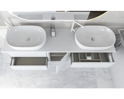 Dvojité umývadlo s otvorenými zásuvkami a keramickými umývadlami