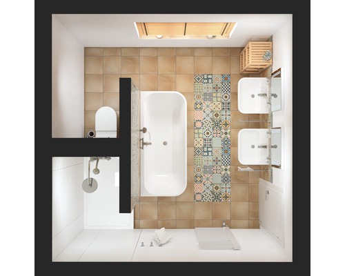 Pohľad zhora na kúpeľňu s vaňou, sprchou, toaletou a umývadlami