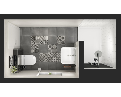 Pohľad zhora na kúpeľňu s toaletou, umývadlom a sprchou vedľa cvičebného priestoru s posilňovacou lavicou.