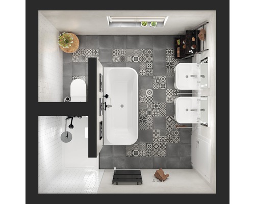 Pohľad zhora na kúpeľňu s vaňou, sprchou, umývadlom a toaletou