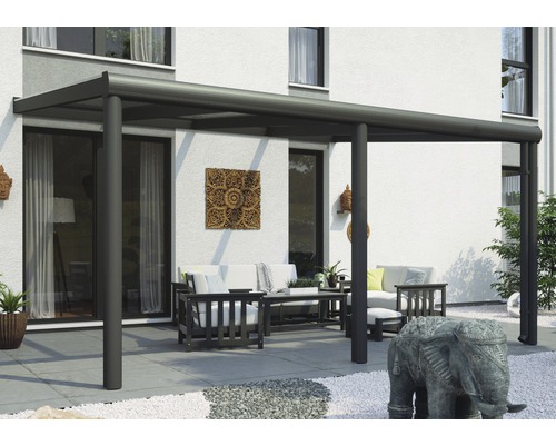Zastrešenie terasy SKAN HOLZ Garda 434 x 257 cm, antracitový hliník s povrchovou úpravou Terasa s terasovou strechou a záhradným nábytkom