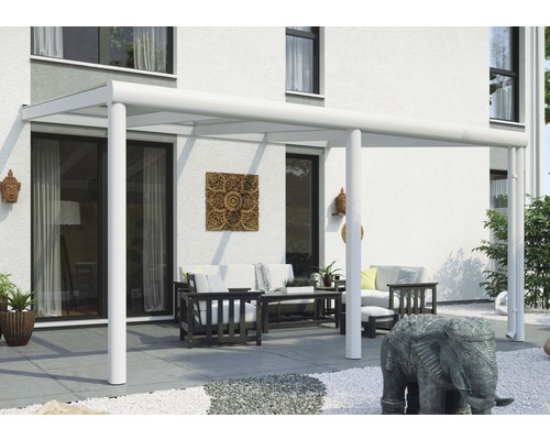 Zastrešenie terasy SKAN HOLZ Garda 434 x 307 cm, biely hliník s povrchovou úpravou Terasa s terasovým prístreškom a posedením