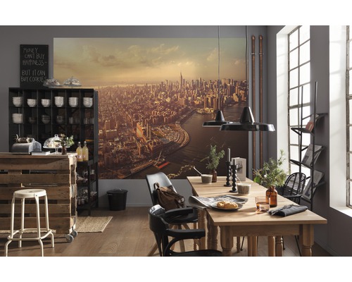 Jedáleň s dreveným stolom, stoličkami, regálom a nástennou maľbou s výhľadom na mesto