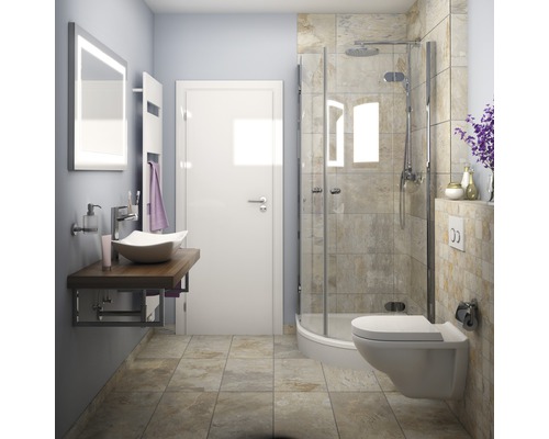 Svetlá kúpeľňa so sprchou, umývadlom a toaletou.