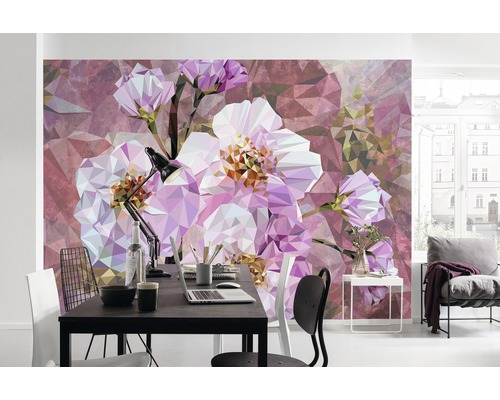 Obývacia izba s fototapetou s kvetinovým trojuholníkovým vzorom