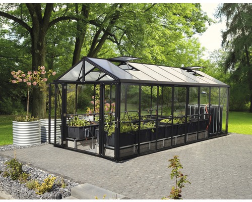 Skleník s rastlinami v záhrade