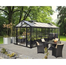 Skleník Vitavia Zeus Comfort 15700 kombinácia skla a polykarbonátu 258,4x614 cm čierny vr. podlahového rámu