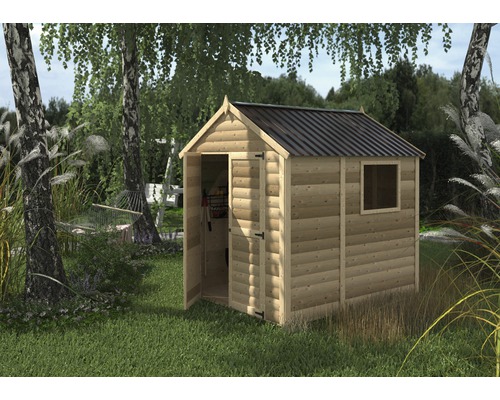 Drevený záhradný domček s oknom a otvorenými dverami v záhrade