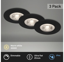 Sada troch čiernych, stmievateľných LED vstavaných svietidiel s krytím IP44 a teplým bielym svetlom 3000K.