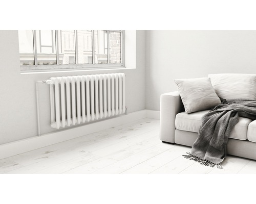 Miestnosť s článkovým radiátorom, oknom a pohovkou