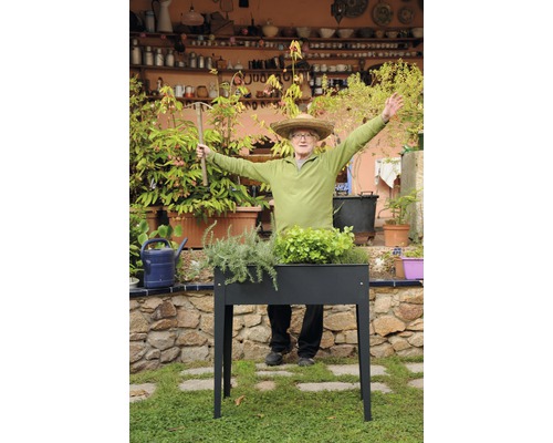 Muž so slameným klobúkom stojí za vyvýšeným záhonom s rastlinami v záhrade.