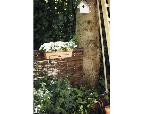 Záhradná scéna s kvetinovým boxom, prúteným plotom, stromom a vtáčou búdkou