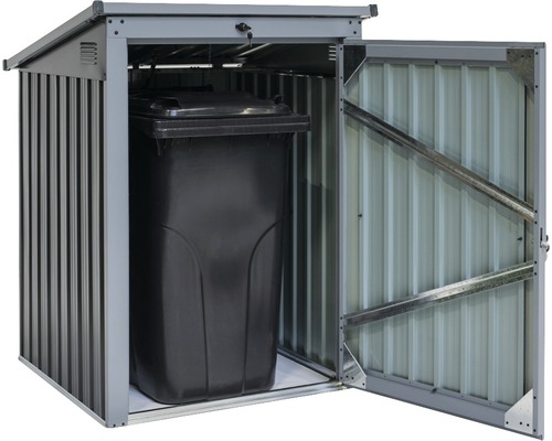 Kovová skriňa na smetné koše s otvorenými dverami a smetným košom