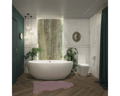 Moderná kúpeľňa s voľne stojacou vaňou, toaletou a rastlinami