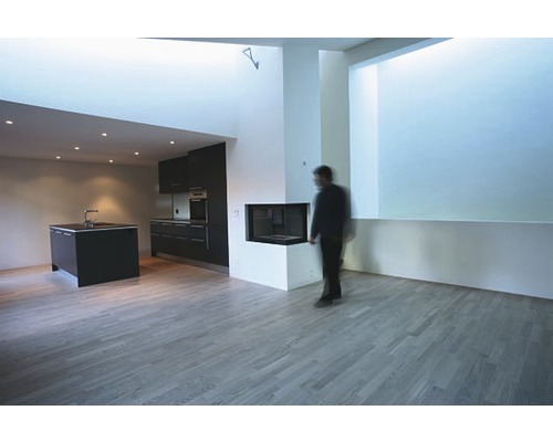 Svetlá izba s tmavým kuchynským kútom, kuchynským ostrovčekom, krbom a oknom