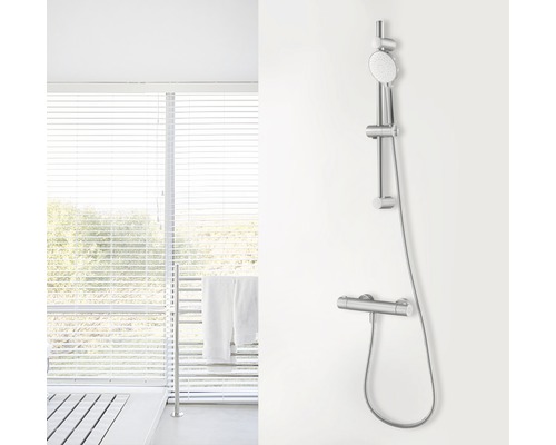 Sprchový set s tyčou a termostatickou batériou v kúpeľni