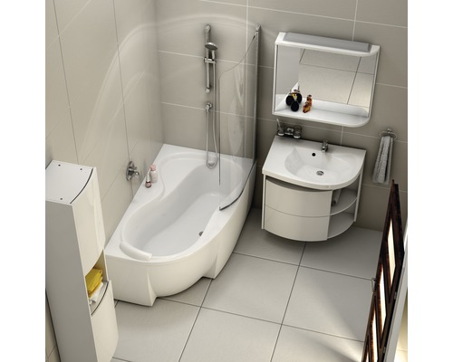 Svetlá kúpeľňa s vaňou, umývadlom a zrkadlovou skrinkou