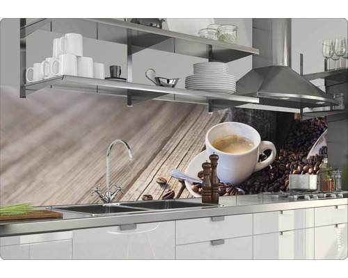 Kuchynská scéna s umývadlom, varnou doskou, digestorom, policami a motívom kávy