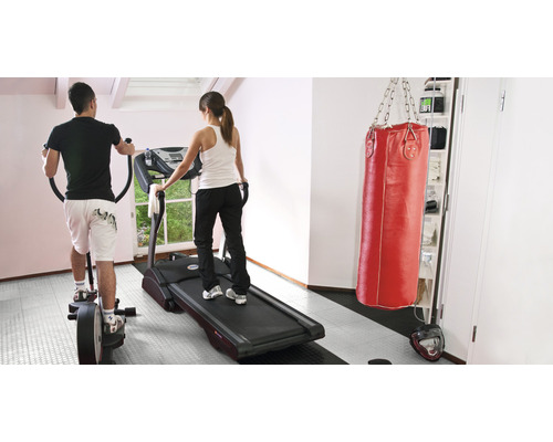 Fitness miestnosť s crossovým trenažérom, bežeckým pásom a boxovacím vrecom pre domáci tréning