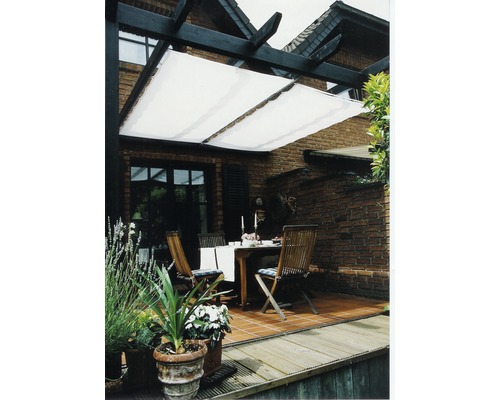 Tieniaca plachta na lankové upínanie, bez lanka, PES 140 g/m², biela 270x140 cm Terasa s pergolou, slnečnou plachtou, stolom a stoličkami