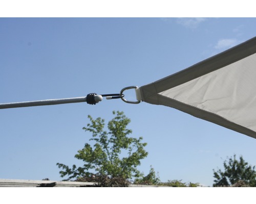 Detailný pohľad na slnečnú plachtu s upevňovacími prvkami a napínacím lanom