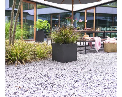 Záhradná scéna s rastlinami v štvorcovom kvetináči na štrku