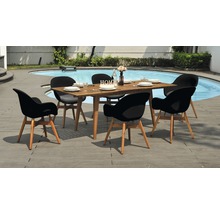 Záhradná sedacia súprava s dreveným stolom a šiestimi stoličkami pri bazéne