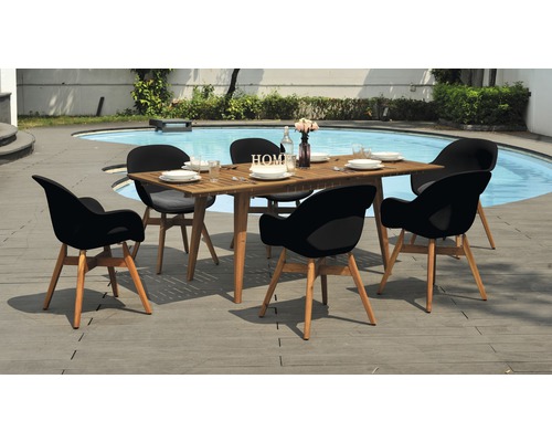 Záhradná sedacia súprava s dreveným stolom a šiestimi stoličkami pri bazéne