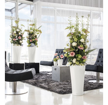 Svetlý interiér s kvetinovou výzdobou vo vysokých kvetináčoch, kreslách a koberci