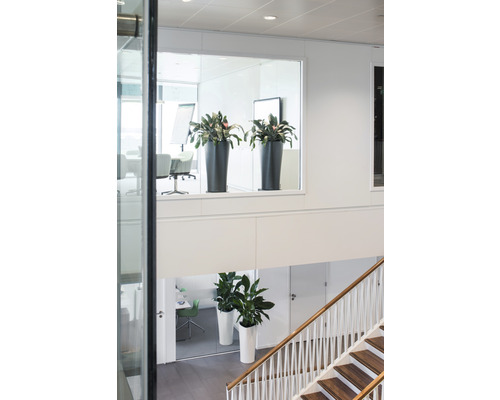 Interiérová fotografia schodiska s hrnkovými rastlinami v rôznych úrovniach.