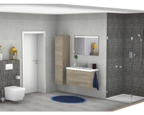 Moderná kúpeľňa s toaletou, umývadlom, zrkadlovou skrinkou a sprchou