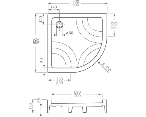 Technický nákres sprchovej vaničky s rozmermi