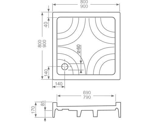 Technický nákres sprchovej vaničky s rozmermi