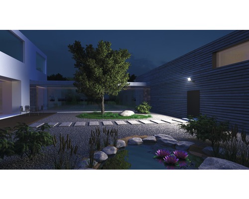 Osvetlená záhrada s jazierkom, kameňmi a rastlinami v noci