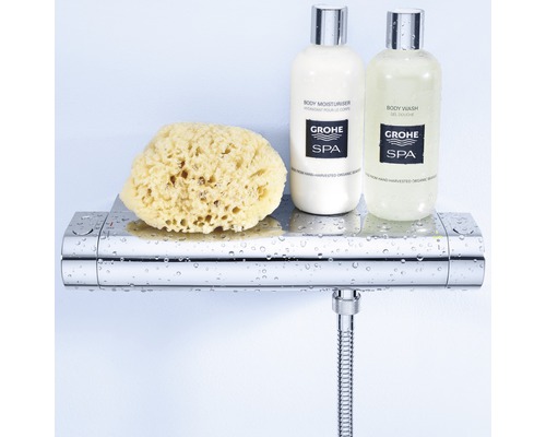 Sprchová armatúra s hubkou, telovým mliekom a sprchovacím gélom