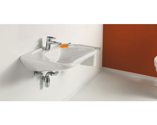 Umývadlo s batériou a držiakom na uteráky v kúpeľni