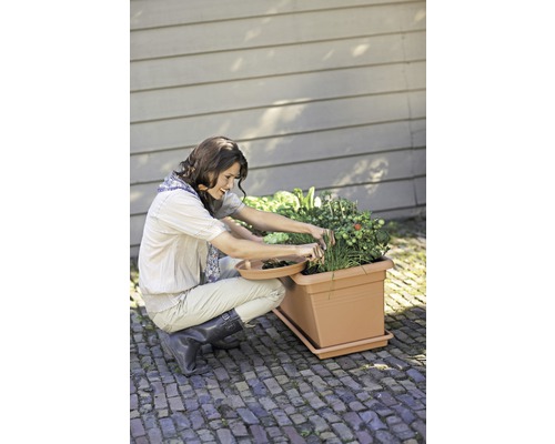 Žena pracuje na záhrade s hrantíkom plným bylín a zeleniny.